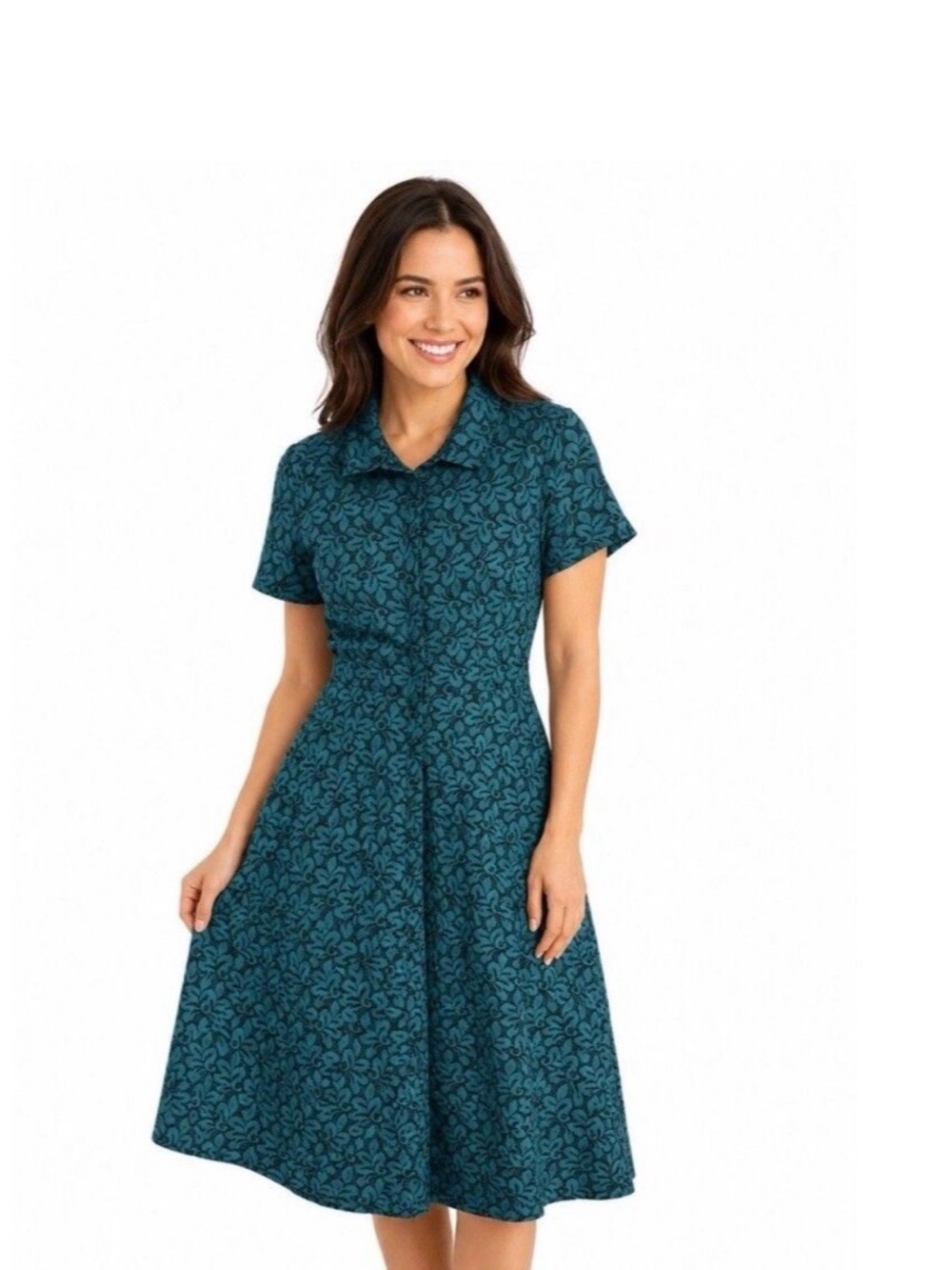 Ann Taylor Teal Floral Midi Shirt Dress
